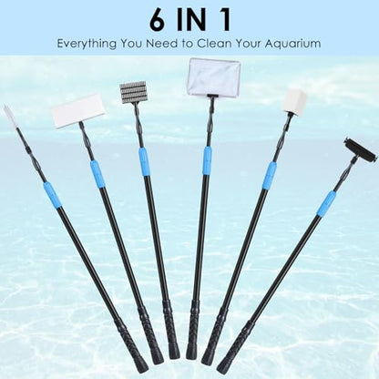 AquaMiracle 6 in 1 Aquarium Cleaning Tool Kit Fish Tank Cleaning Kit for 20-160 Gallon Tank with Telescopic Long Handle, Algae Scraper, Scrubber Pads, Tube Cleaner, Fish net, Gravel Rake