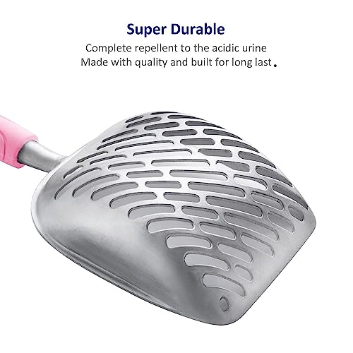 WePet Cat Litter Scoop, Aluminum Alloy Sifter, Kitty Metal Scooper, Deep Shovel with Diagonal Sifting Hole, Long Handle, Kitten Poop Lifter for Litter Box, Large Size, Pink Handle - color: #10 Pink, size: Large