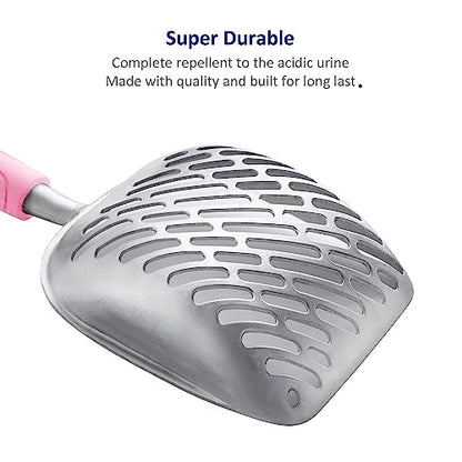 WePet Cat Litter Scoop, Aluminum Alloy Sifter, Kitty Metal Scooper, Deep Shovel with Diagonal Sifting Hole, Long Handle, Kitten Poop Lifter for Litter Box, Large Size, Pink Handle - color: #10 Pink, size: Large