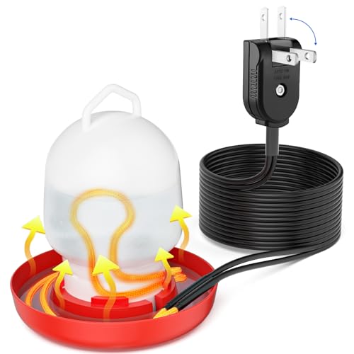 Chickens Water Heater Cord, 1-6 Gallons Heated Chicken Waterer for Winter, 9ft Freeze Proof Poultry Water Heater Cord, Prevents Water Freezing in Drinkers for Small Animals Rabbits, Ducks, Guinea Pigs