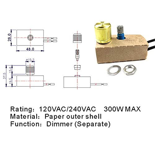 Zing Ear ZE-03 Full Range Inline Table Lamp LED Dimmer Switch Incandescent Light Rotary Replacement Combo Kit 120VAC/240VAC 300W Watt MAX Paper Outer Shell (Brass) Easy to Install