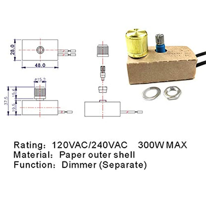 Zing Ear ZE-03 Full Range Inline Table Lamp LED Dimmer Switch Incandescent Light Rotary Replacement Combo Kit 120VAC/240VAC 300W Watt MAX Paper Outer Shell (Brass) Easy to Install