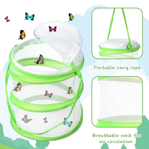 Sherr 2 Pcs Mini Butterfly Habitat Cage Clear Mesh Butterfly Net Cage Container Foldable Terrarium, 6.2x7.1inch (Green) - color: Green
