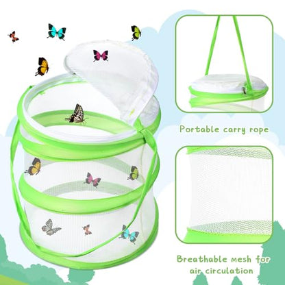 Sherr 2 Pcs Mini Butterfly Habitat Cage Clear Mesh Butterfly Net Cage Container Foldable Terrarium, 6.2x7.1inch (Green) - color: Green