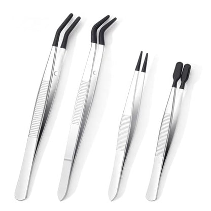 4 Pcs Rubber Tip Tweezers Set, Non-Scratch PVC Coated Tips - Fine Point, Flat & Bent Head Tweezers for Crafts, Jewelry Making, Electronics, Eyelash Extensions