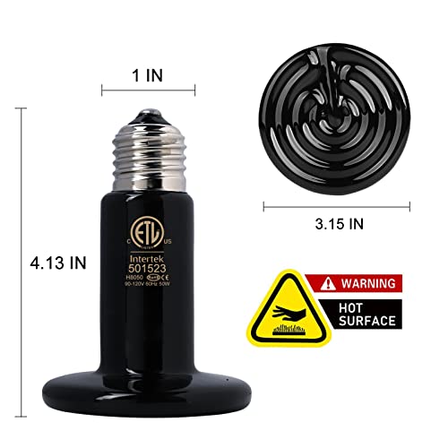50W Ceramic Heat Emitter Che Bulb Reptile Heat Lamp No Light Emitted Pet Brooder Coop Heater Heat Bulb Black-2 Pack