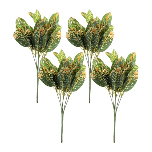 Artificial Croton Plant Leaves Faux Greenery Stems 7-Branch Plastic Tropical Foliage for Reptile Tank Terrarium and Indoor Home Garden Decor 4pcs Set