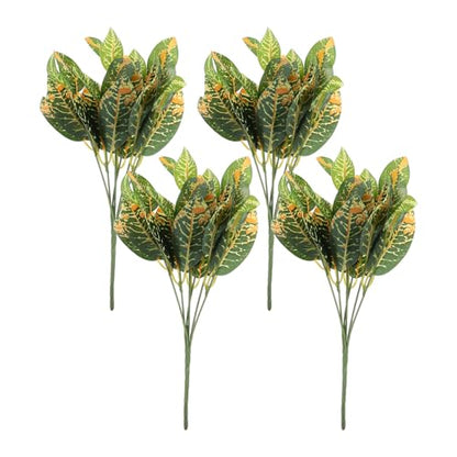 Artificial Croton Plant Leaves Faux Greenery Stems 7-Branch Plastic Tropical Foliage for Reptile Tank Terrarium and Indoor Home Garden Decor 4pcs Set