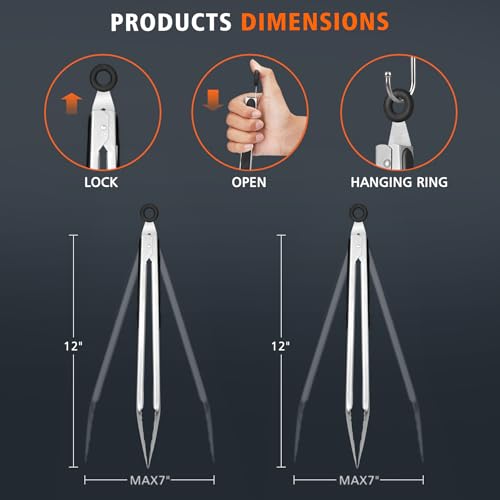 Hotec Stainless Steel Kitchen Tongs, Set of 2-12", Locking Metal Food Tongs for Cooking, Serving, BBQ, Grill Non-Slip Grip - size: 2pack: 12inch