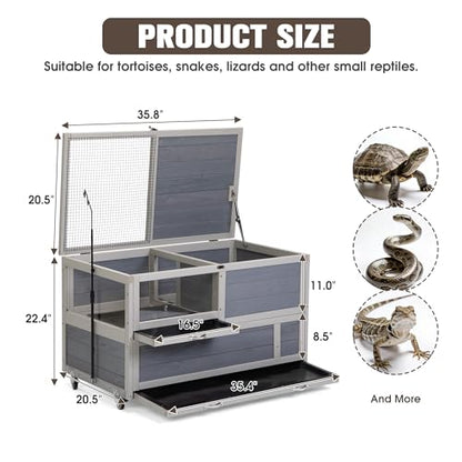 COZIWOW 2-Tier Tortoise Enclosure with Adjustable Lamp Stand, Large Wooden Tortoise Habitat, Indoor & Outdoor Reptile Enclosure for Small Animals, Ramps, Wheels, Deeper Bottom to Burrow
