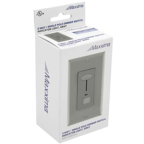 Maxxima Dimmer Light Switch, Gray, Blue Indicator Light 3-Way/Single Pole | LED Compatible, 600 Watt Max, Wall Plate Included, Dimmable Lamp and Lighting Control - color: Gray, size: Single Pack