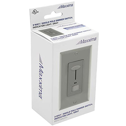 Maxxima Dimmer Light Switch, Gray, Blue Indicator Light 3-Way/Single Pole | LED Compatible, 600 Watt Max, Wall Plate Included, Dimmable Lamp and Lighting Control - color: Gray, size: Single Pack