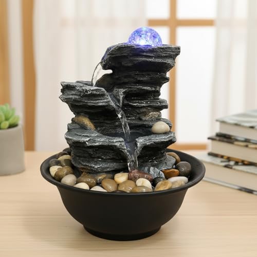 Tabletop Water Fountain Indoor Waterfalls Fountains with Colored LED Light, Indoor Waterfall Feature with ON/Off Switch for Home Office Decor - size: C