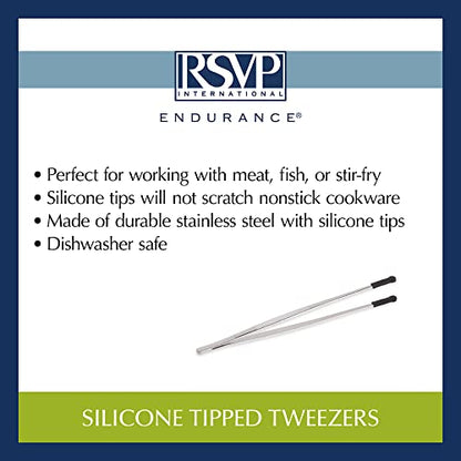 RSVP International Endurance Silicone Tipped Kitchen Tweezers Food Safe, Durable Stainless Steel, Heat Safe up to 475 Degrees F, 12" Length