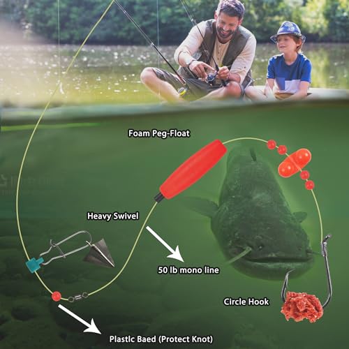 Catfish Rigs Tackle Making Kits,Catfishing Tackle Gear with Catfish Floats Lures,Sinker Slides Circle Hooks Swivels Double Rattle Beads Catfishing Tackle Equipment