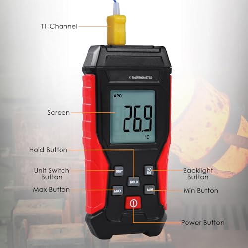 Digital K Type Thermometer with Two Thermocouple Probes, -328°F~2501°F Single Channel Thermocouple Thermometer HVAC Temperature Meter with Backlit LCD Display Max/Min, Data Hold