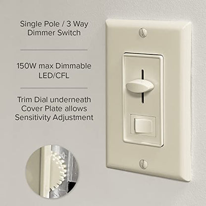 Maxxima LED Dimmer Electrical Light Switch, Ivory, 3-Way/Single Pole Use | 600 Watt Max, LED and Incandescent Compatible, Wall Plate Cover Included - color: Ivory