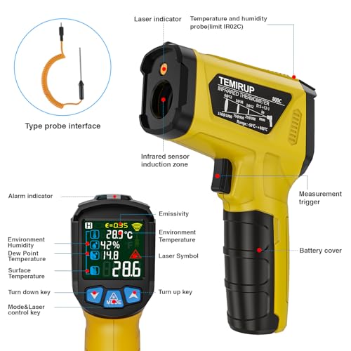 Infrared Thermometer Gun, TEMIRUP Non Contact Digital IR Laser Thermometer Temperature Gun with Probe for Cooking, Pizza Oven, Griddle, Humidity Measurement, Adjustable Emissivity -58°F to 1472°F - color: Yellow -58°F~1472°F (-50°C to~800°C)