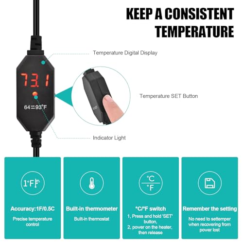 YOFOTHS Mini Aquarium Heater Alumina Ceramic, 15W Digital Display Thermostat, Compact Thumb-Size Fish Tank Heater with Temperature Control for 1-3 Gallon Betta Tanks (15W) - size: 15W