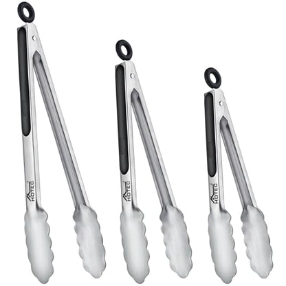 Hotec Stainless Steel Kitchen Tongs, Set of 3-7", 9" and 12", Locking Metal Food Tongs for Cooking, Serving, BBQ, Grill with Non-Slip Grip - size: 3pack: 7+9+12inch