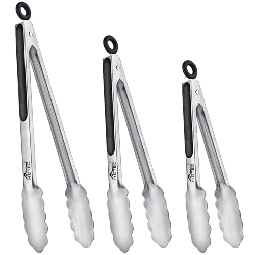 Hotec Stainless Steel Kitchen Tongs, Set of 3-7", 9" and 12", Locking Metal Food Tongs for Cooking, Serving, BBQ, Grill with Non-Slip Grip - size: 3pack: 7+9+12inch