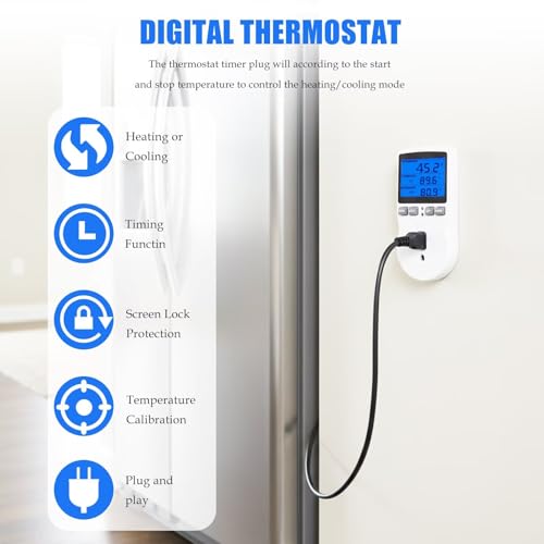 Programmable Plug-in Thermostat Outlet - Digital Temperature Controller with Cycle Timer, 110V 15A, Widely Used for Terrarium, for Refrigerator, for Vivarium, New Version