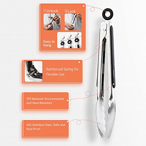 9 & 12 Inch Kitchen Tongs, Stainless Steel Metal Tongs Cooking Tongs, for Cooking Barbecue, BBQ Grilling, Buffet Serving (9"+12") | For Cooking/Serving/Grilling | Heat-Resistant | Dishwasher Safe - size: 9"+12"