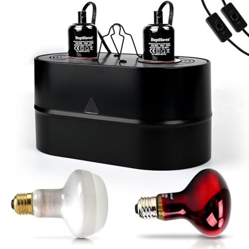 Dual Reptile Light Fixture Kit with 100W UVA Basking Bulb & 100W Infrared Heat Lamp,2-in-1 Deep Dome Day & Night Heating Combo for Bearded Dragon Turtle Snake Terrarium with Independent Switches
