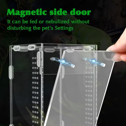 Acrylic Jumping Spider Habitat, Pre-Assembled Acrylic Terrarium, Bug Enclosure, Praying Mantis Habitat,with Magnetic Door & All-Side Ventilation 4"×4"×7" (Tweezer & Temp Sticker Included)