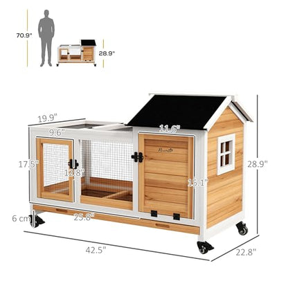 PawHut Wooden Rabbit Hutch with Wheels, Indoor Outdoor Large Bunny Hutch with Run & Slide-Out Tray for Small Animals, Rabbits, Chickens, Ducks, Guinea Pig, Yellow - color: Yellow