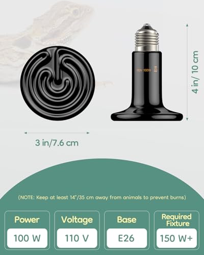 Pawfly 100 W E26 Ceramic Heat Emitter for Reptiles, No Light Emitting Reptile Heat Lamp Bulb, Infrared Ceramic Heat Bulb for Amphibian Chicken Snake Lizard, Ceramics Heat Lamp, Pet Brooder Coop Heater - size: For 30-40 Gallon Terrarium