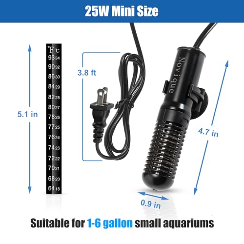 25W Mini Aquarium Heater Submersible Constant Temperature Fish Tank Betta Heater Free Thermometer Sticker Suitable for 1-6 Gallons Saltwater and Freshwater Tanks