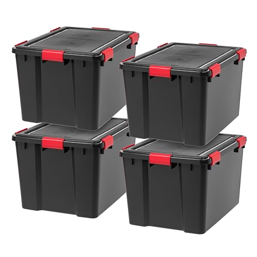 IRIS USA WeatherPro 74 Qt Storage Bins with Lids, 4 Pack, BPA-Free Plastic Gasket Box with Tight Latch and Seal, Stackable Nestable Tote Tub - Black/Red - size: 74 Qt. - 4 Pack