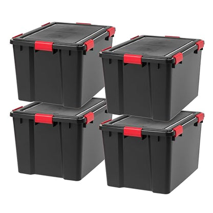 IRIS USA WeatherPro 74 Qt Storage Bins with Lids, 4 Pack, BPA-Free Plastic Gasket Box with Tight Latch and Seal, Stackable Nestable Tote Tub - Black/Red - size: 74 Qt. - 4 Pack