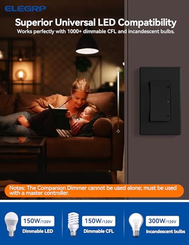ELEGRP LEDPro™ Multi-Location Dimmer, EDM25BM Master Dimmer Light Switch for LED, Single Pole/3 Way, 1 Pack, Matte Black - color: Matte Black, size: Master