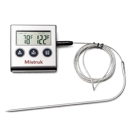 Digital Thermometer for Cooking with Stainless Steel Probe & Timer Alert – Accurate Temperature Control for Grill, Oven & BBQ – Digital Meat Thermometer Instant Read