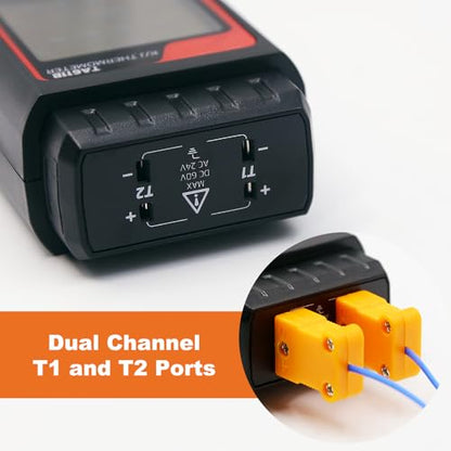 Digital Thermocouple Thermometer Dual-Channel K/J Type Thermometer -328~2501℉ Wide Range Industrial HVAC Temperature Meter with 4PCS of K-Type Thermocouple Probes, Alarm,Temp Conpensation