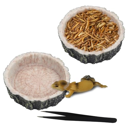 IBWell 2pcs Reptile Water Bowl with Feeding Tweezers - Reptile Food Dish for Lizard, Snake, Tortoise & Small Animals - Wooden Tree Stump
