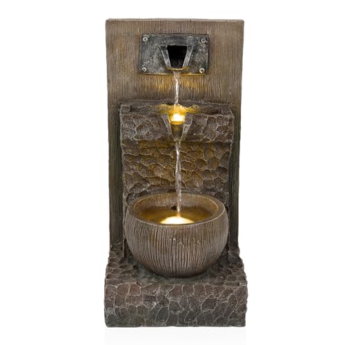 Alpine Corporation ZDQ108 Indoor/Outdoor Floor 3-Tier Fountain with LED Lights, Cascading Garden Water Fountain, 20" H, Brown - style: 20"H - Brown 3-Tier w/ LEDs