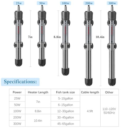 HITOP 25W Adjustable Aquarium Heater, Submersible Fish Tank Heater Thermostat with Suction Cups for 5-10Gal - size: 7in-25w