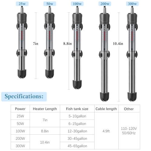 HITOP 200W Adjustable Aquarium Heater, Submersible Fish Tank Heater Thermostat with Suction Cups for 30-45Gal - size: 10.4in-200w