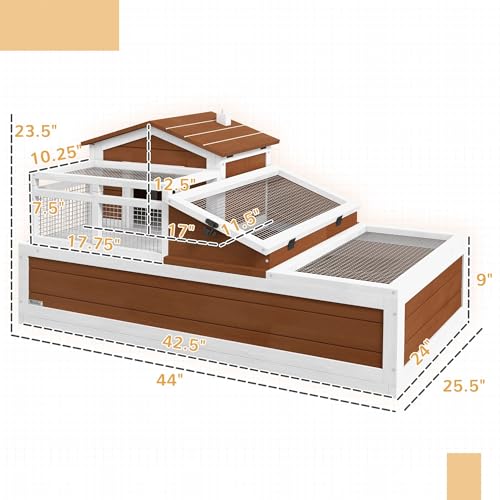 Premium Two-Story Three-Room Comfortable Tortoise House with Multi-Level Balcony 44x25.5x25 Weather-Resistant Coffee Brown for Small and Medium Tortoises