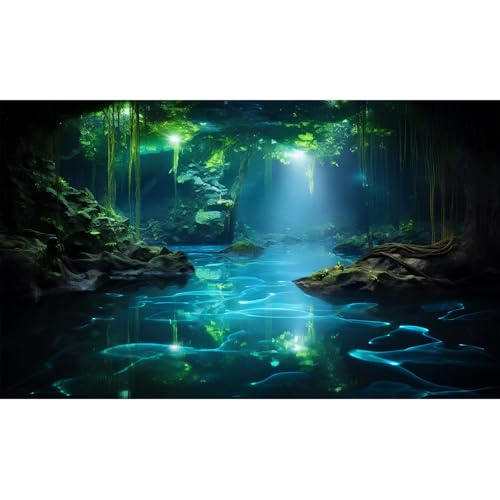 Cave Aquarium Background Underwater Cave with Light Beam Tranquil Stream Terrarium Background Mysterious Elegant Fantasy Tropical Plants Fish Tank Backdrop Wallpaper Poster Decorations Vinyl 24x12in - color: Green, size: 24(W)x12(H)in