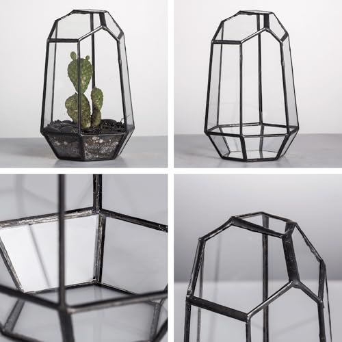NCYP Small No Door Geometric Terrarium - 4.1" x 3.5" x 5.9" Miniature Irregular Glass Terrarium Planter for Mini Succulent Air Plants - Tabletop Garden Container, Black (No Plants) - size: 4.1"x3.5"x5.9"