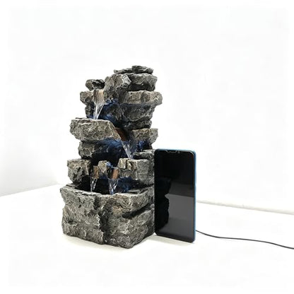 Tabletop Rock Waterfall Fountain, 4-Tier Stacked Stone, Resin, LED Lights, USB Powered, 7.08 x 5.5 x13.3Inches