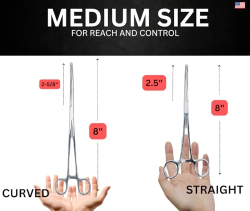 ADROIT 8" Straight and Curved Tip Hemostat Forceps | Stainless Steel Design | Small Teeth On Jaws | Locking Mechanism Built in | Great for Sewing, Fishing, Jewelry Making - size: 8", style: Straight & Curved