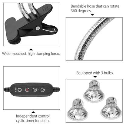 Reptile Heat Lamp,Double-Head Heating Lamp for Reptiles, UVA/B Turtle Lamp with Clamp, Separate Control, Turtle Light,Basking Light for Reptiles Bearded Dragon Turtle Snake, 3 Basking Bulbs.