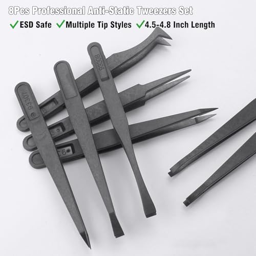 8Pcs Professional Anti-Static Precision Tweezers Set, 4.5-4.8 Inch Non-Conductive Plastic Tweezers with Curved & Straight Tips for Electronics Repair, Watchmaking, Crafts, and ESD-Sensitive Components
