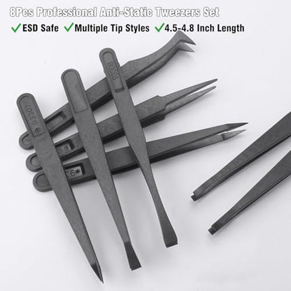 8Pcs Professional Anti-Static Precision Tweezers Set, 4.5-4.8 Inch Non-Conductive Plastic Tweezers with Curved & Straight Tips for Electronics Repair, Watchmaking, Crafts, and ESD-Sensitive Components