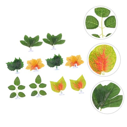 BESPORTBLE 10pcs Artificial Reptile Plants with Suction Cups for Climbing Habitat Decor, Fake Leaf Ornament Set for Lizard, Chameleon, Snake, Turtle Terrarium